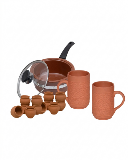 Organic Kitchenware Set – 15-Piece Glazed Saucepan, Mugs & Traditional Kulhar Collection DESIBARTAN