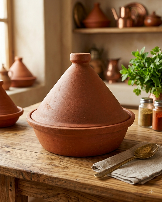 A terracotta tagine pot with a conical lid sits on a rustic wooden table in a warm kitchen setting, with a spoon on a napkin, spice jars, and green herbs nearby.