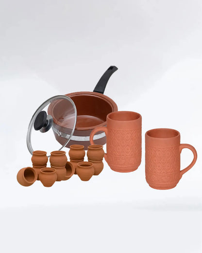 Organic Kitchenware Set – 15-Piece Glazed Saucepan, Mugs & Traditional Kulhar Collection DESIBARTAN