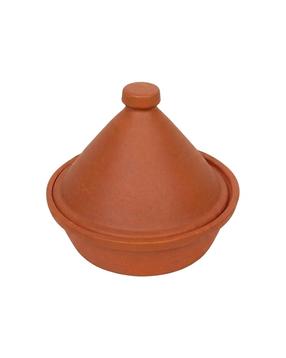 Traditional terracotta clay tagine pot with conical lid isolated on a seamless pure white background for Desi Bartan cookware