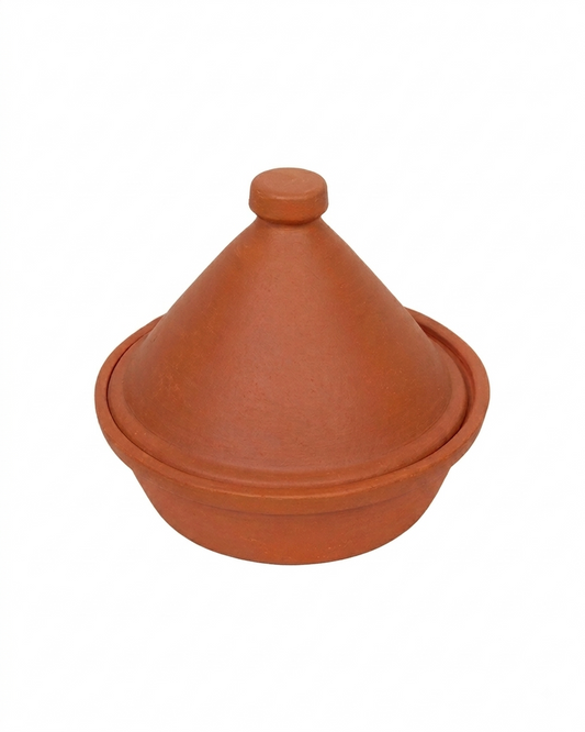 Traditional terracotta clay tagine pot with conical lid isolated on a seamless pure white background for Desi Bartan cookware